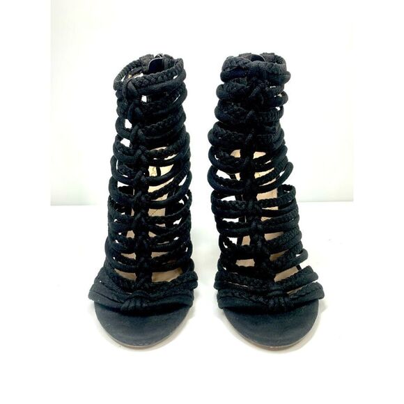 ALDO Black Braided Knit & Suede Cage High Heels Open Toe Zip Women Size 5 - Picture 2 of 6